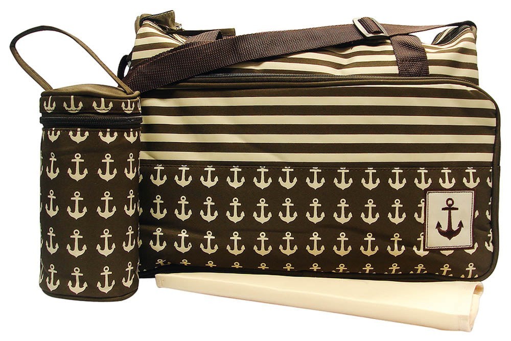 Navy diaper bag with anchor pattern and matching pouch on a white background