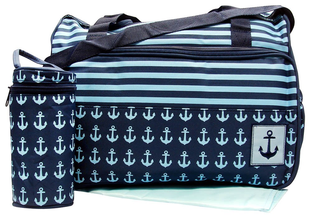 Navy blue and light blue striped bag with anchor pattern on a reflective surface