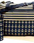 Navy and beige striped bag with anchor pattern, including a matching pouch.