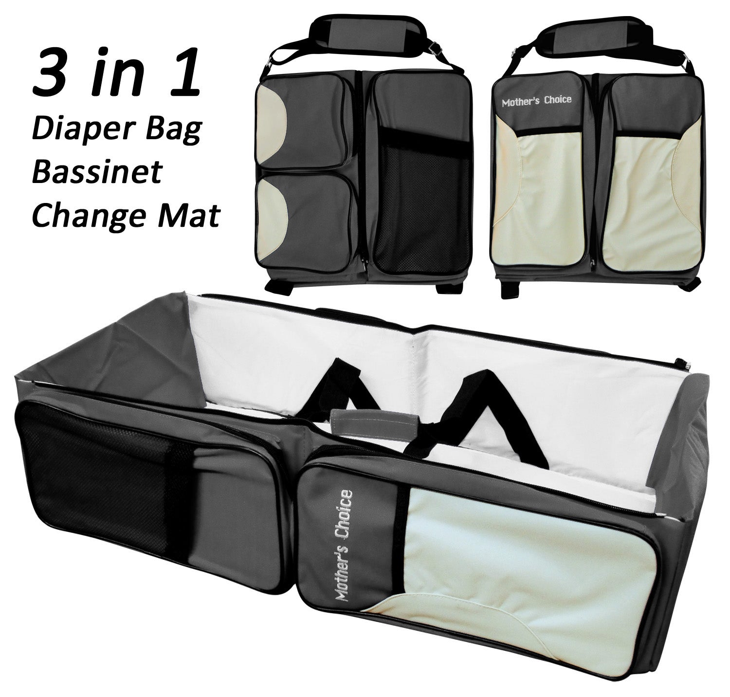 3-in-1 diaper bag, bassinet, and change mat with 'Mother's Choice' branding on a white background.