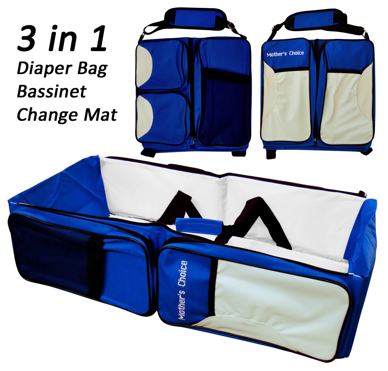 3-in-1 diaper bag, bassinet, and change mat with blue and white design.