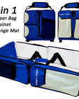 3-in-1 diaper bag, bassinet, and change mat with blue and white design.