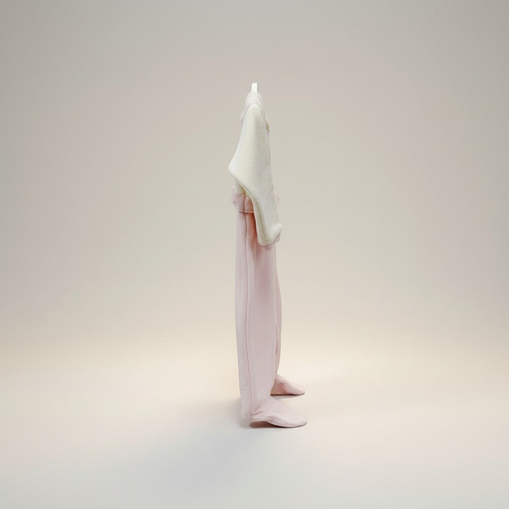 Person wearing a white hooded garment on a plain background