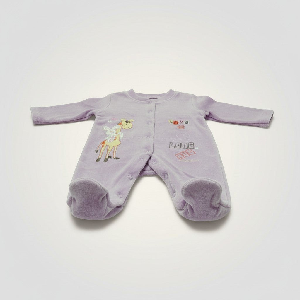 Purple baby onesie with a giraffe design on a white background