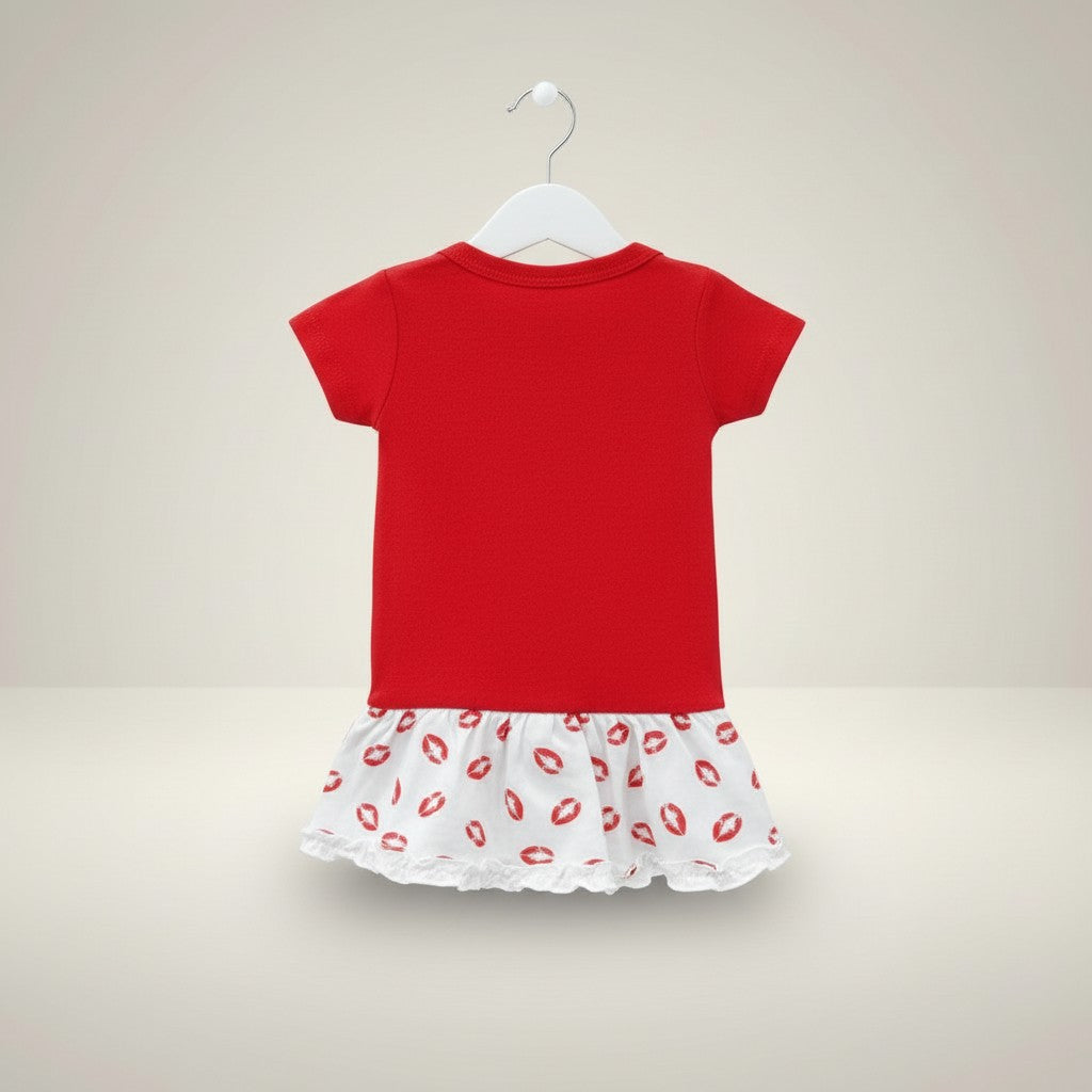 Red top and white skirt with red lip prints on a hanger against a beige background