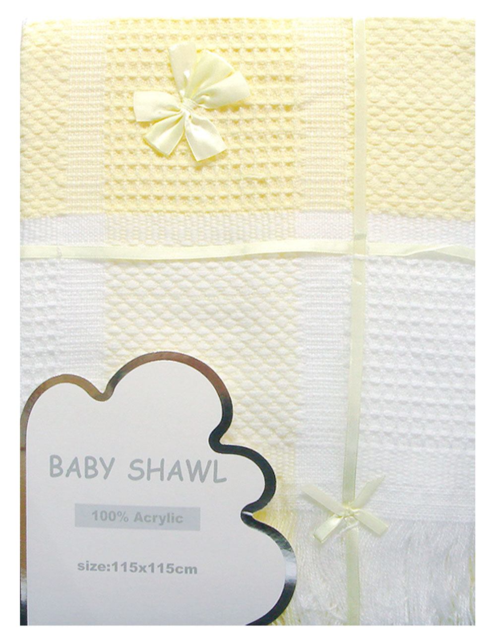Yellow and white baby shawl with a bow on a white background