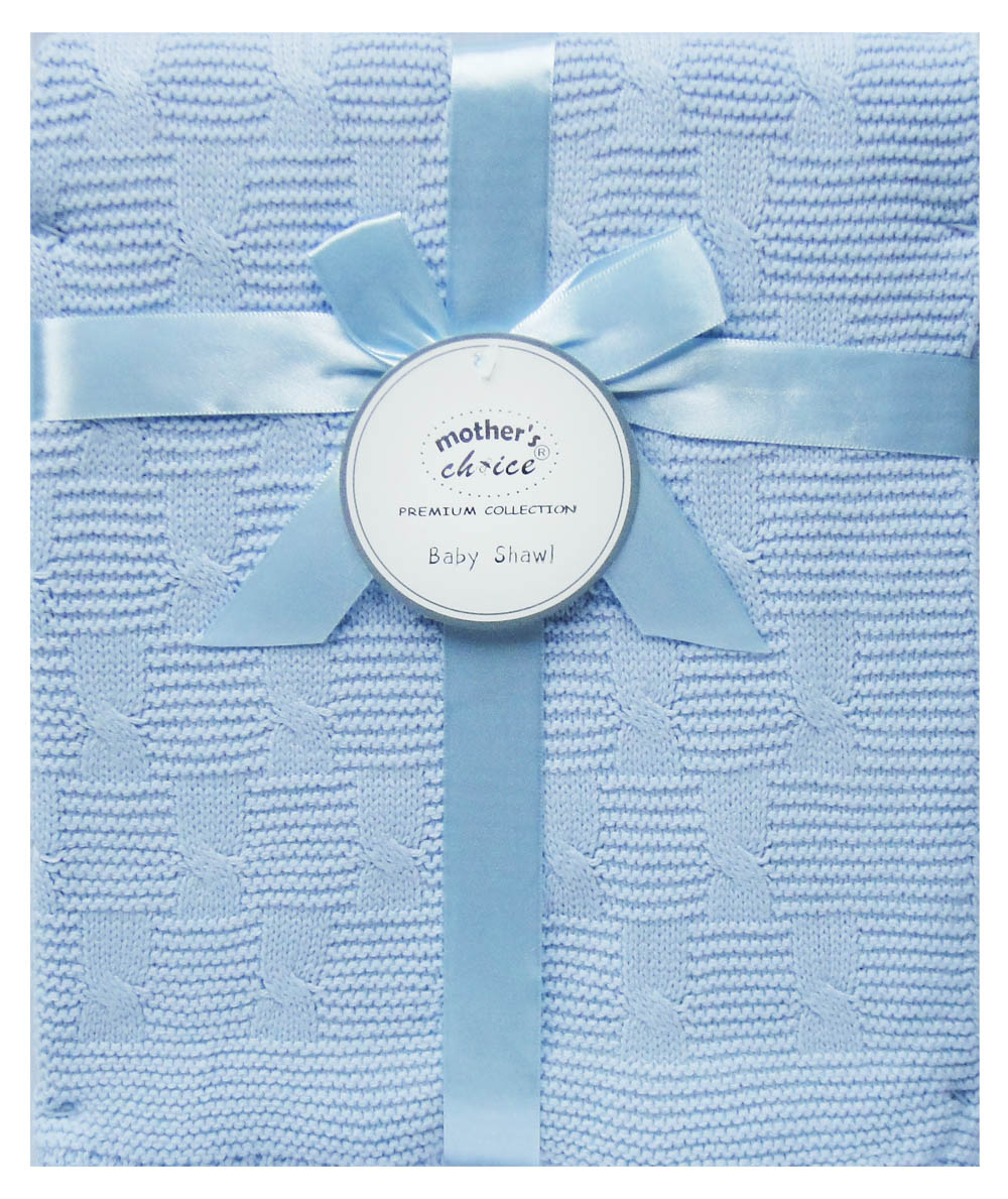 Blue textured blanket with a ribbon and 'mother's choice' label