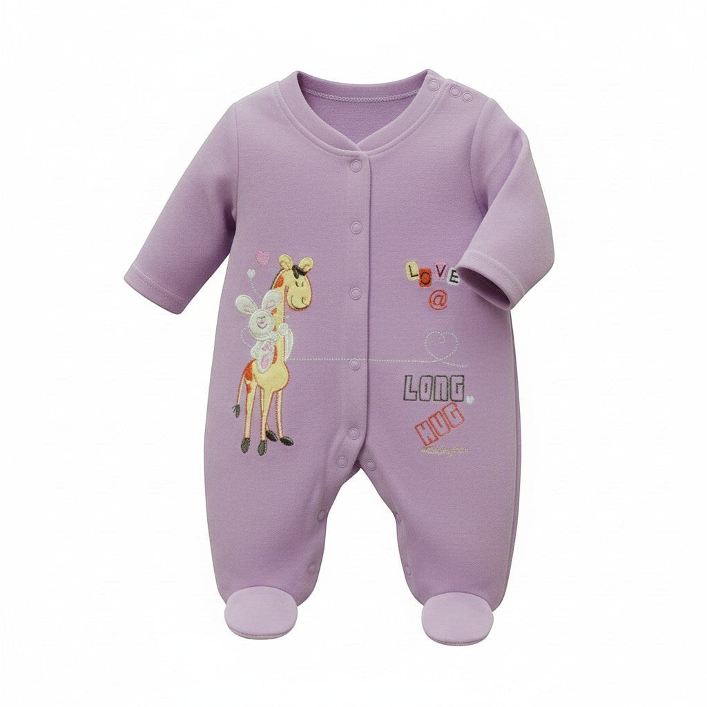 Purple baby onesie with cartoon design on a white background