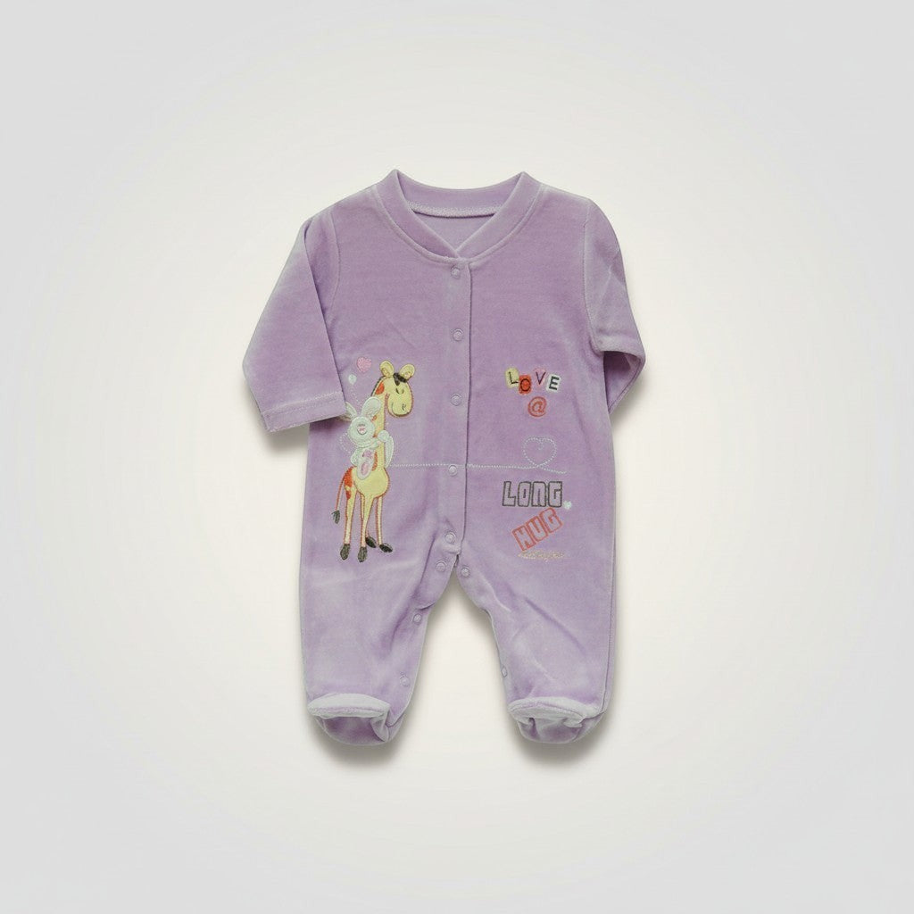 Purple baby onesie with a giraffe design on a white background