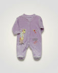 Purple baby onesie with a giraffe design on a white background