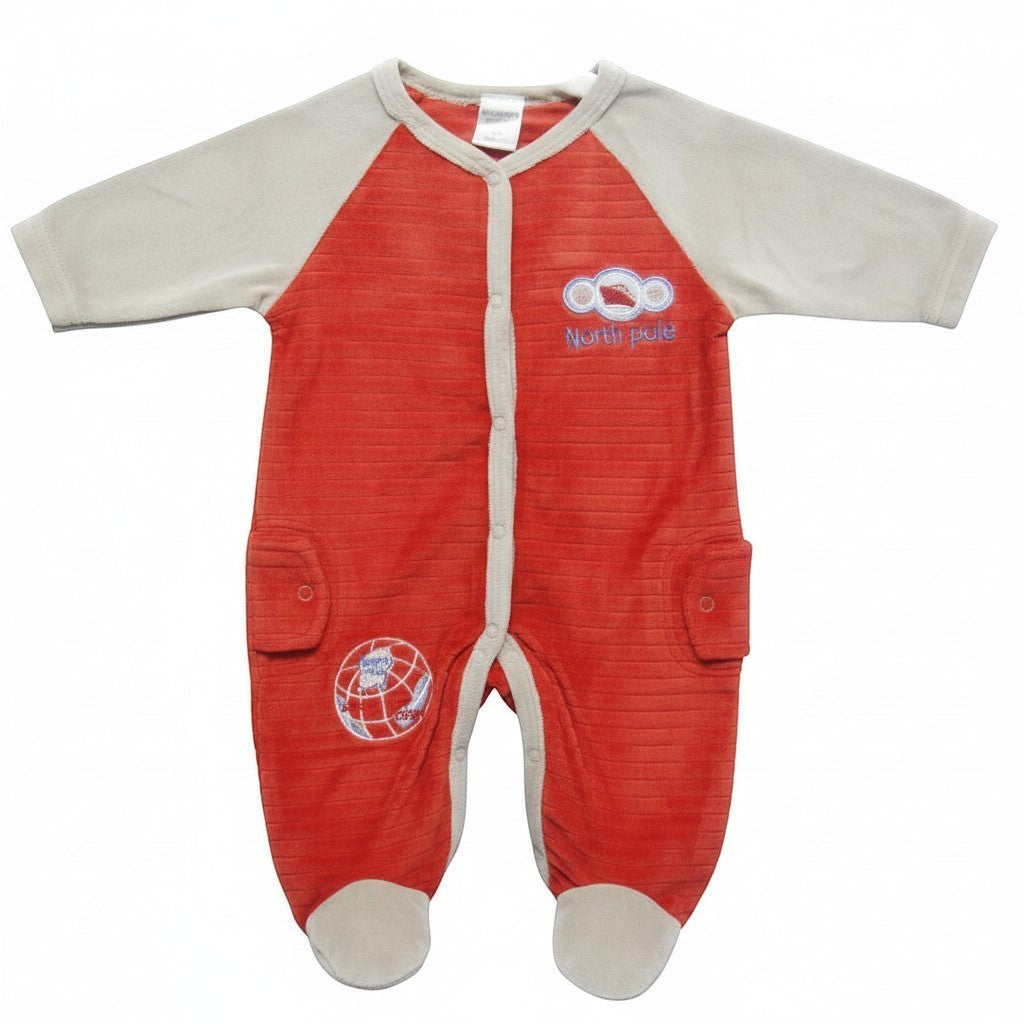 Red baby onesie with beige sleeves and feet on a white background