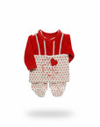 Red top and white polka dot overalls with red heart design on a white background