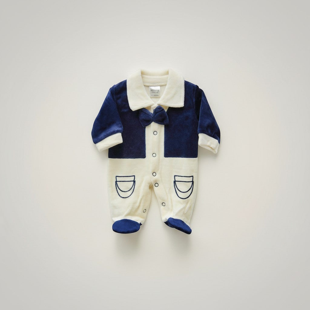 Baby romper with navy blue and white design on a light gray background