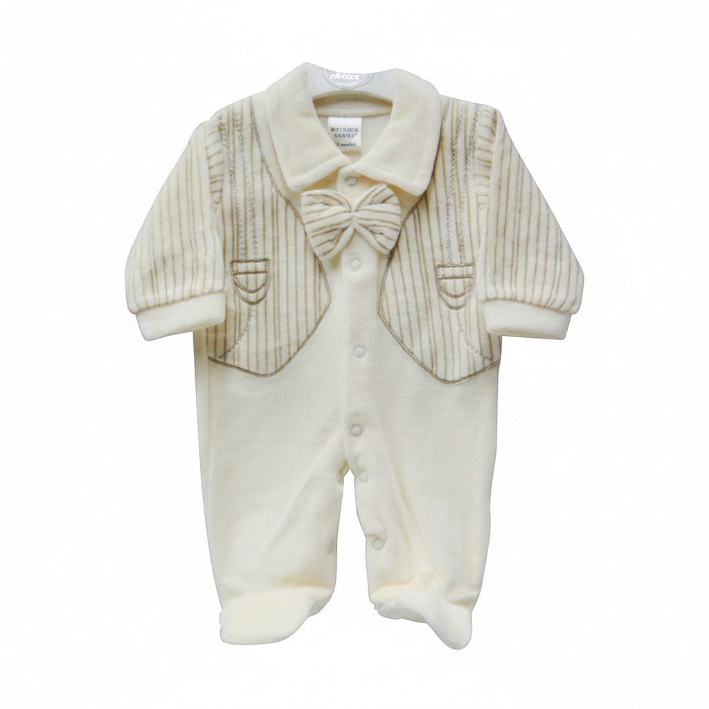 Baby outfit with jacket and bow tie on a white background