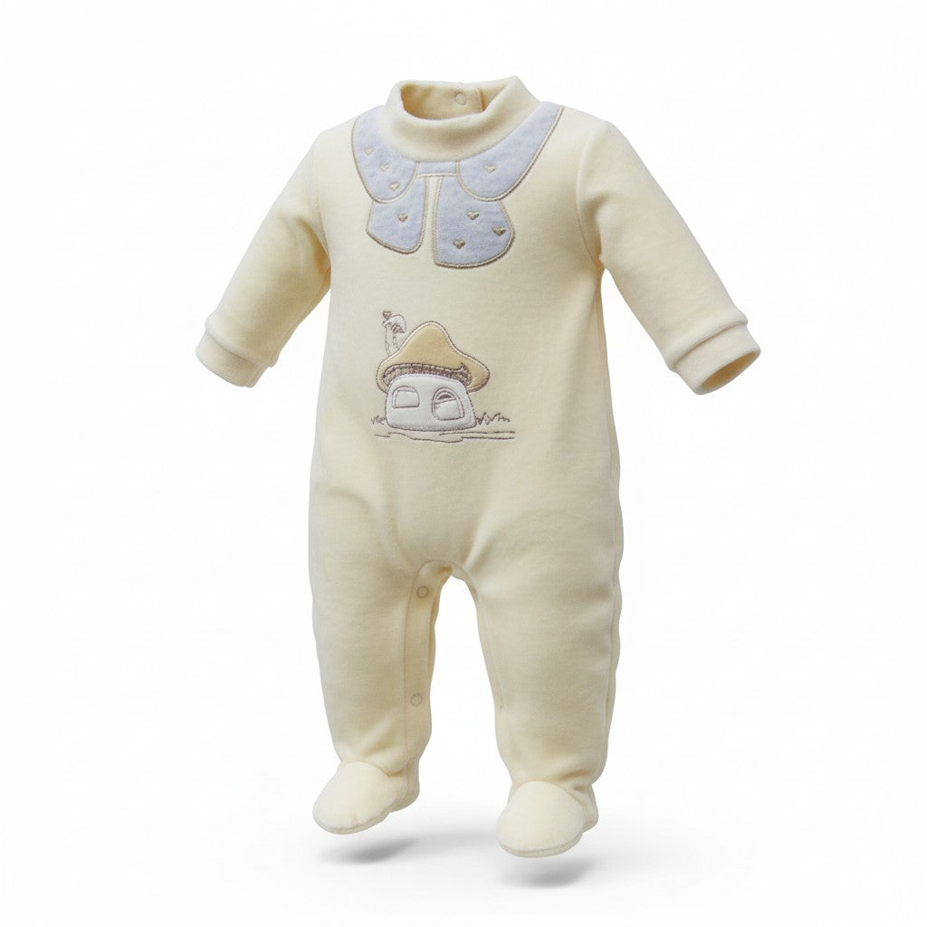 Baby onesie with embroidered design on a white background