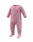 Pink baby onesie with star pattern on a white background