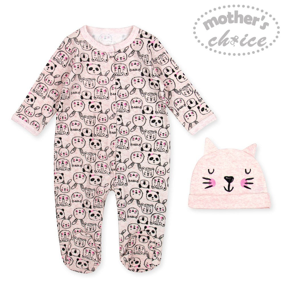 Baby onesie with animal pattern and matching hat on a white background, featuring 'Mother's Choice' branding.