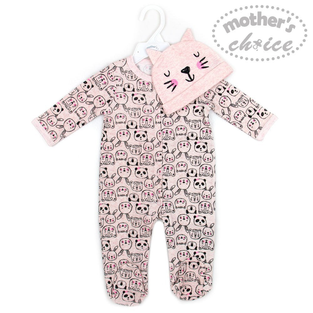 Baby onesie with cat pattern and matching hat on a hanger, branded 'Mother's Choice'.