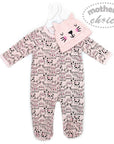 Baby onesie with cat pattern and matching hat on a hanger, branded 'Mother's Choice'.