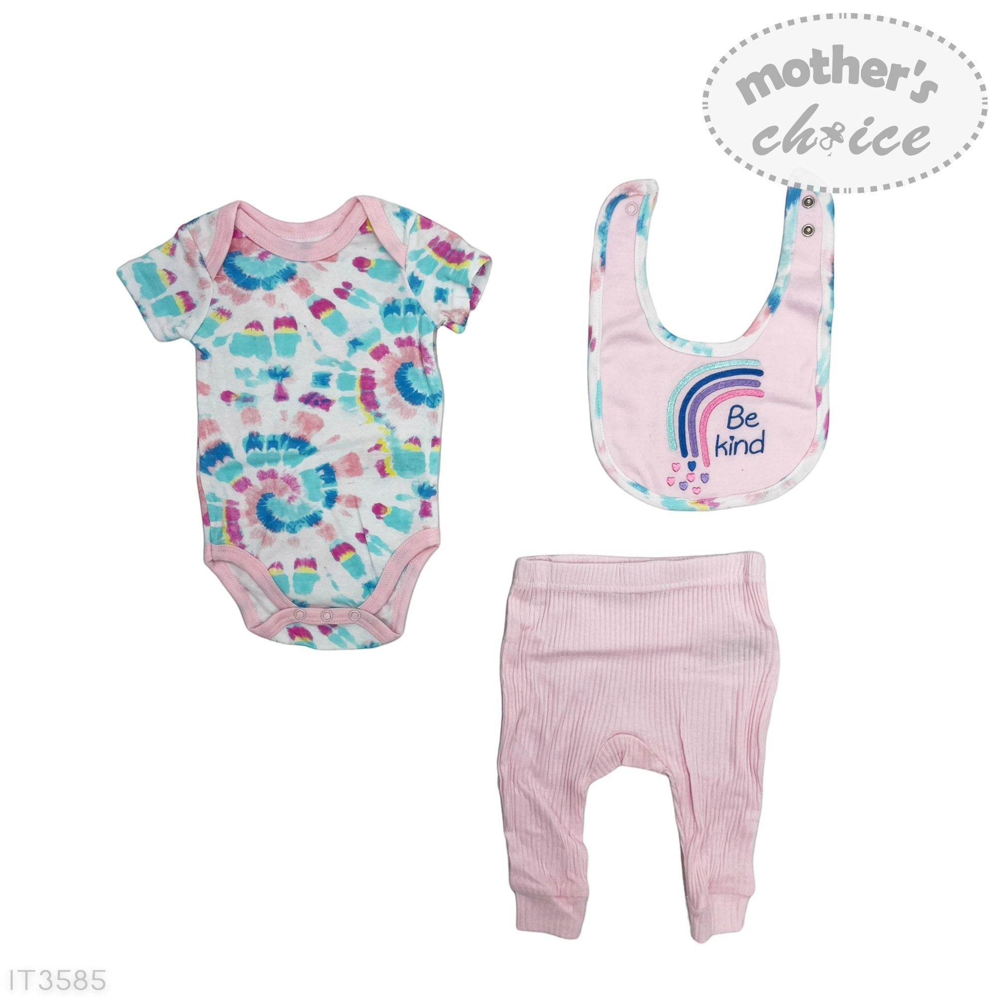 Baby outfit set with bodysuit, bib, and pants on a white background, featuring 'Mother's Choice' branding.