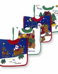 Set of three Christmas-themed baby bibs with Santa Claus, reindeer, and festive designs.