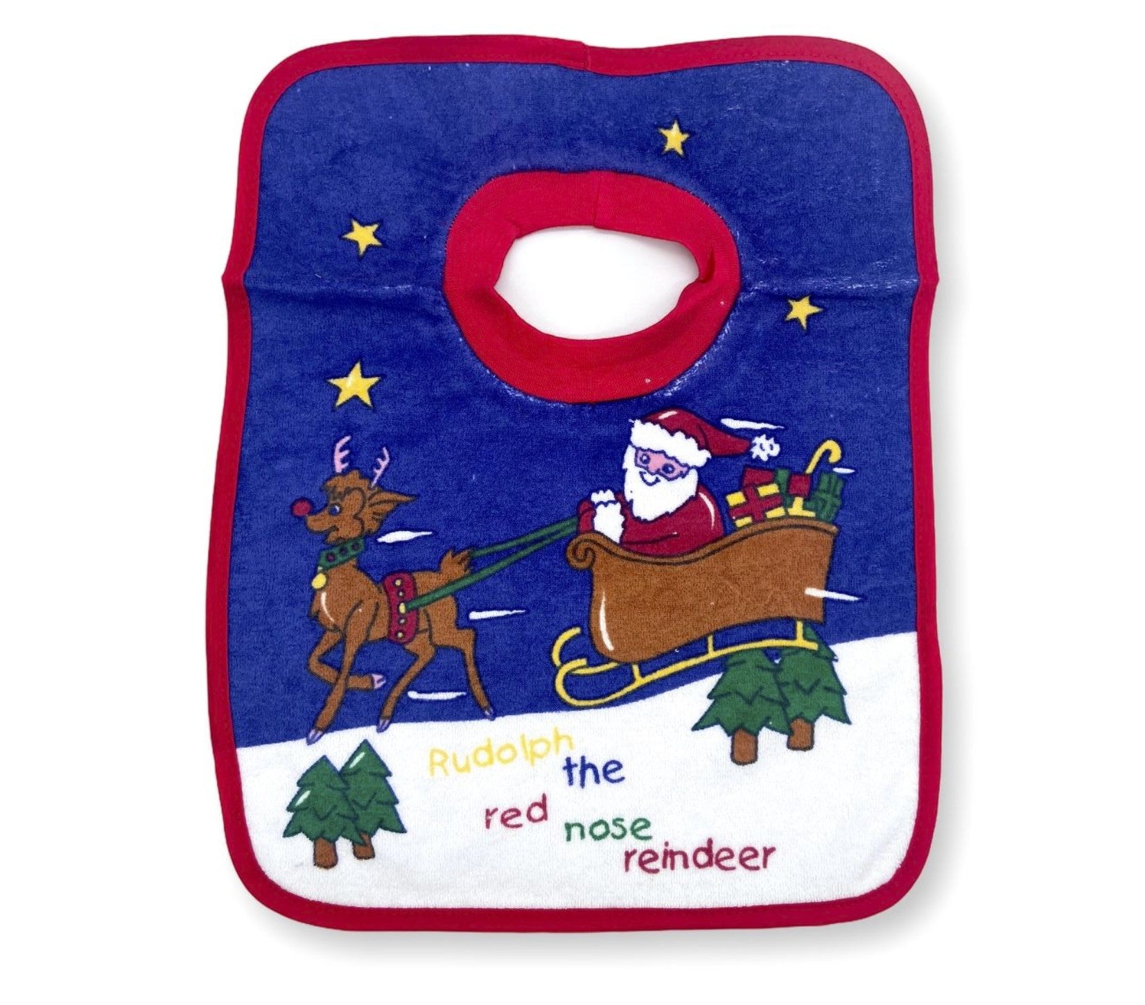 Children's bib with Santa Claus and reindeer design on a blue background