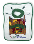 Baby bib with Christmas-themed design of rabbits and stockings, text 'My first Christmas', on a white background.