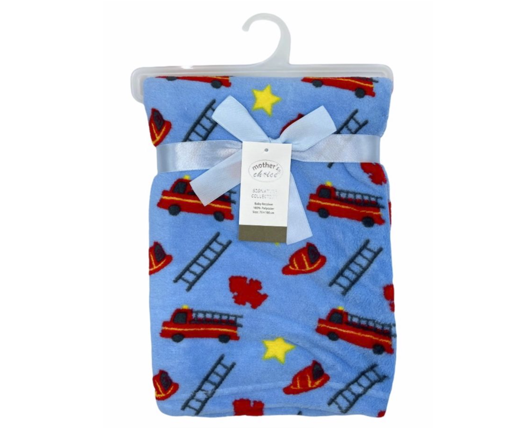 Baby blanket with fire truck and ladder pattern on a blue background, hanging on a white hook.