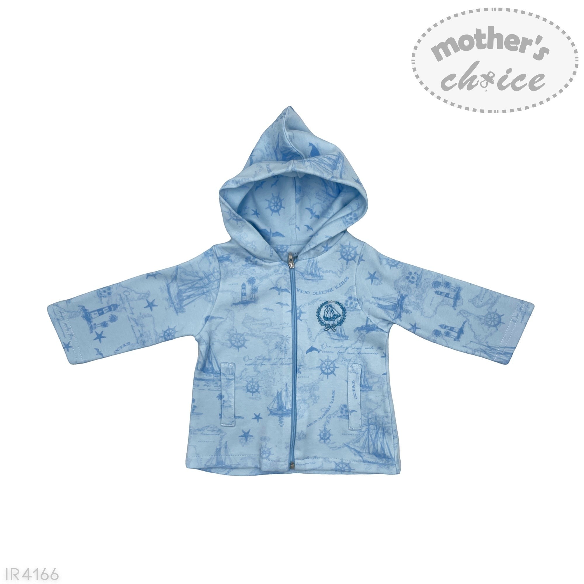 Blue children's jacket with a pattern on a white background, featuring 'mother's choice' branding.