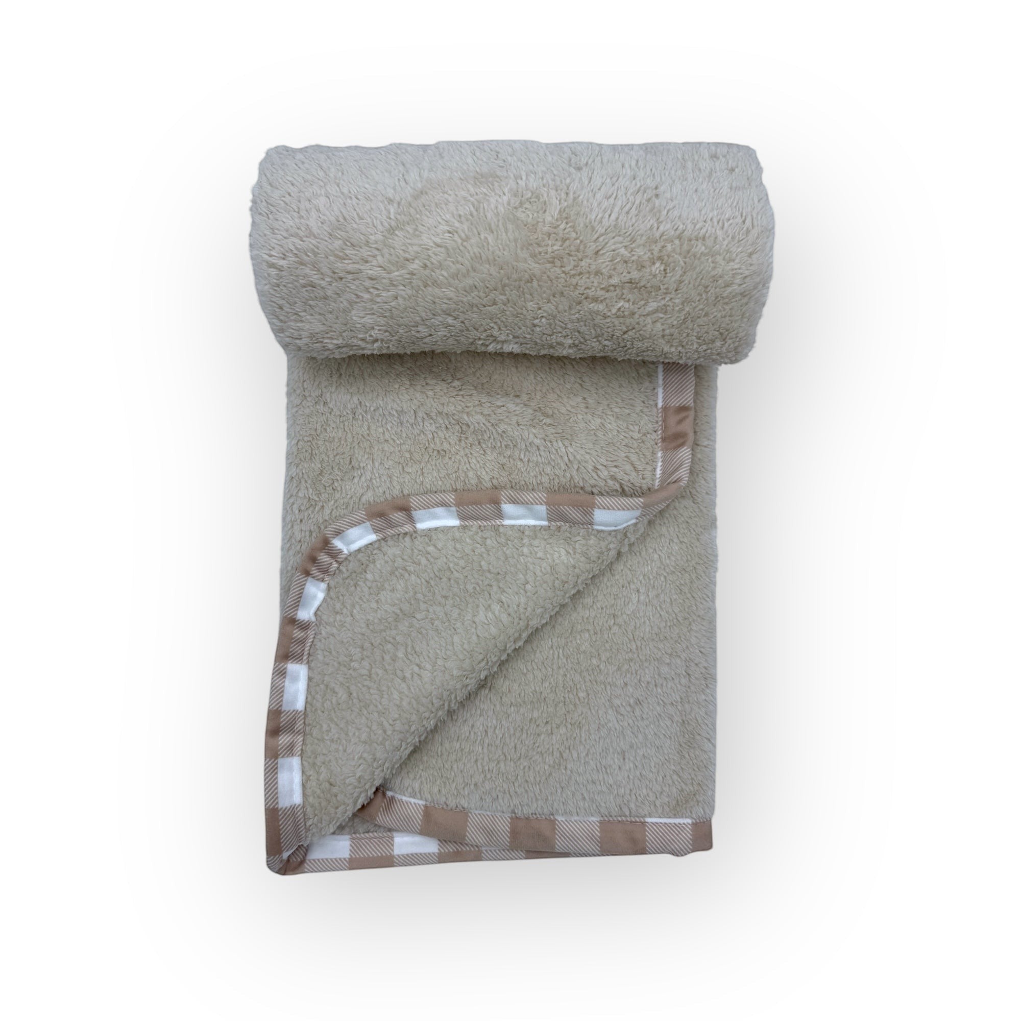 Folded beige blanket with brown checkered border on a white background