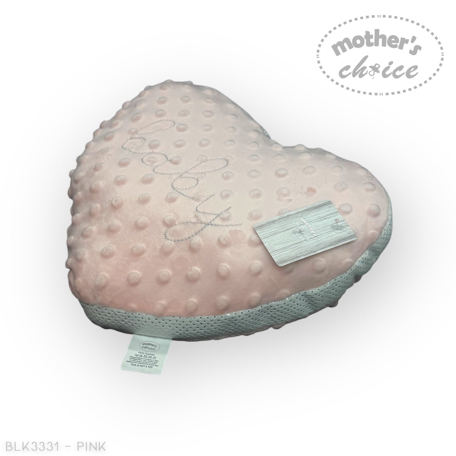 Heart-shaped pink cushion with 'Mother's Choice' branding on a white background