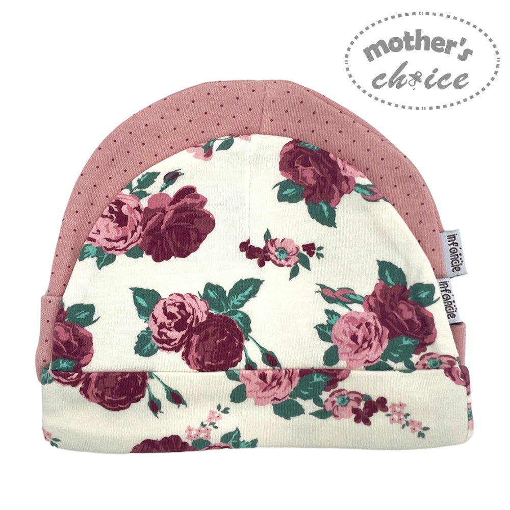 Floral-patterned baby hat with pink trim on a white background, featuring 'mother's choice' branding.