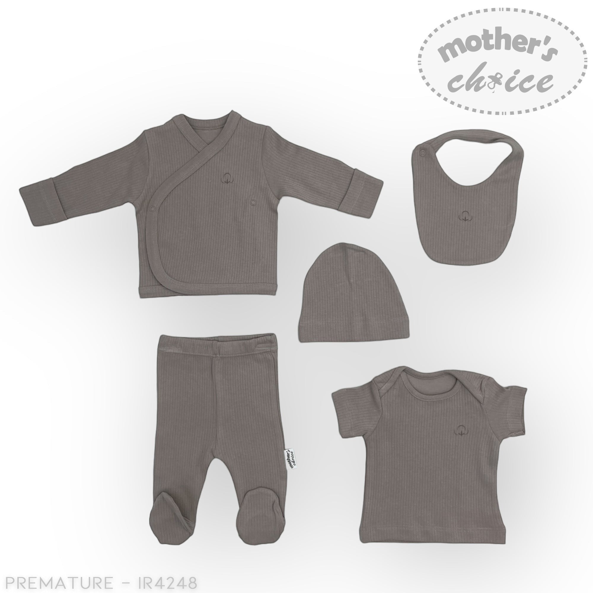 Baby clothing set including a wrap, bib, hat, and onesie on a white background with 'Mother's Choice' branding.
