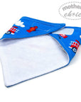 Blue baby bib with red fire truck design on a white background, featuring 'mother's choice' branding.