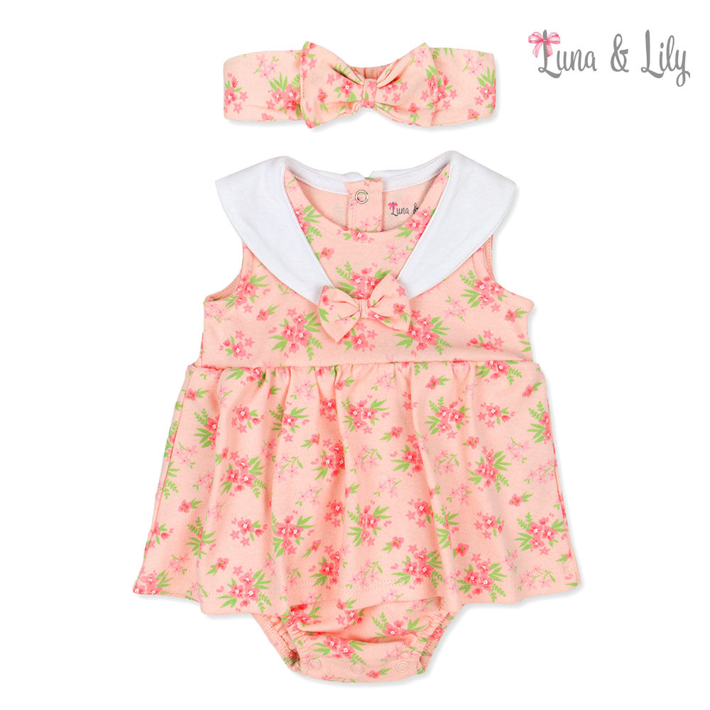 Baby romper with floral pattern and matching headband on a white background, branded 'Luna &amp; Lily'.