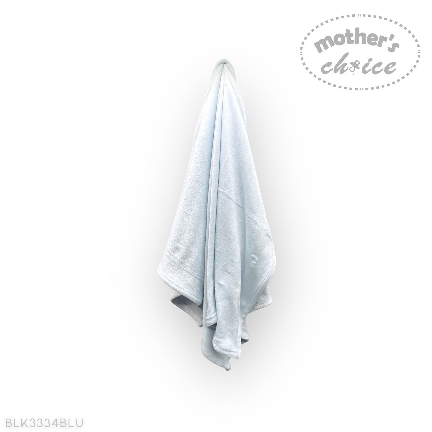 Light blue towel hanging on a white wall with 'mother's choice' branding.