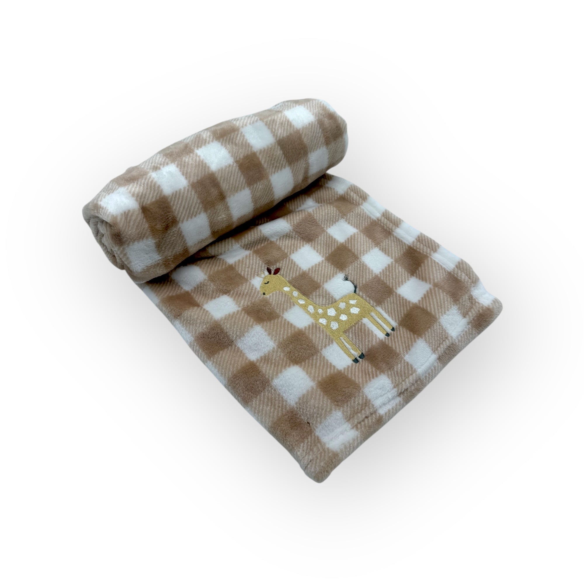 Checkered blanket with a giraffe design on a white background