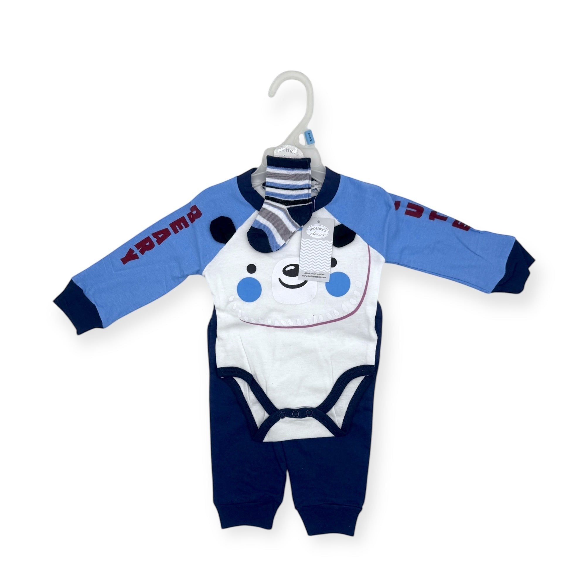 Baby romper with bear design on a hanger against a white background