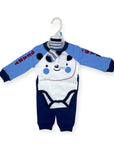 Baby romper with bear design on a hanger against a white background