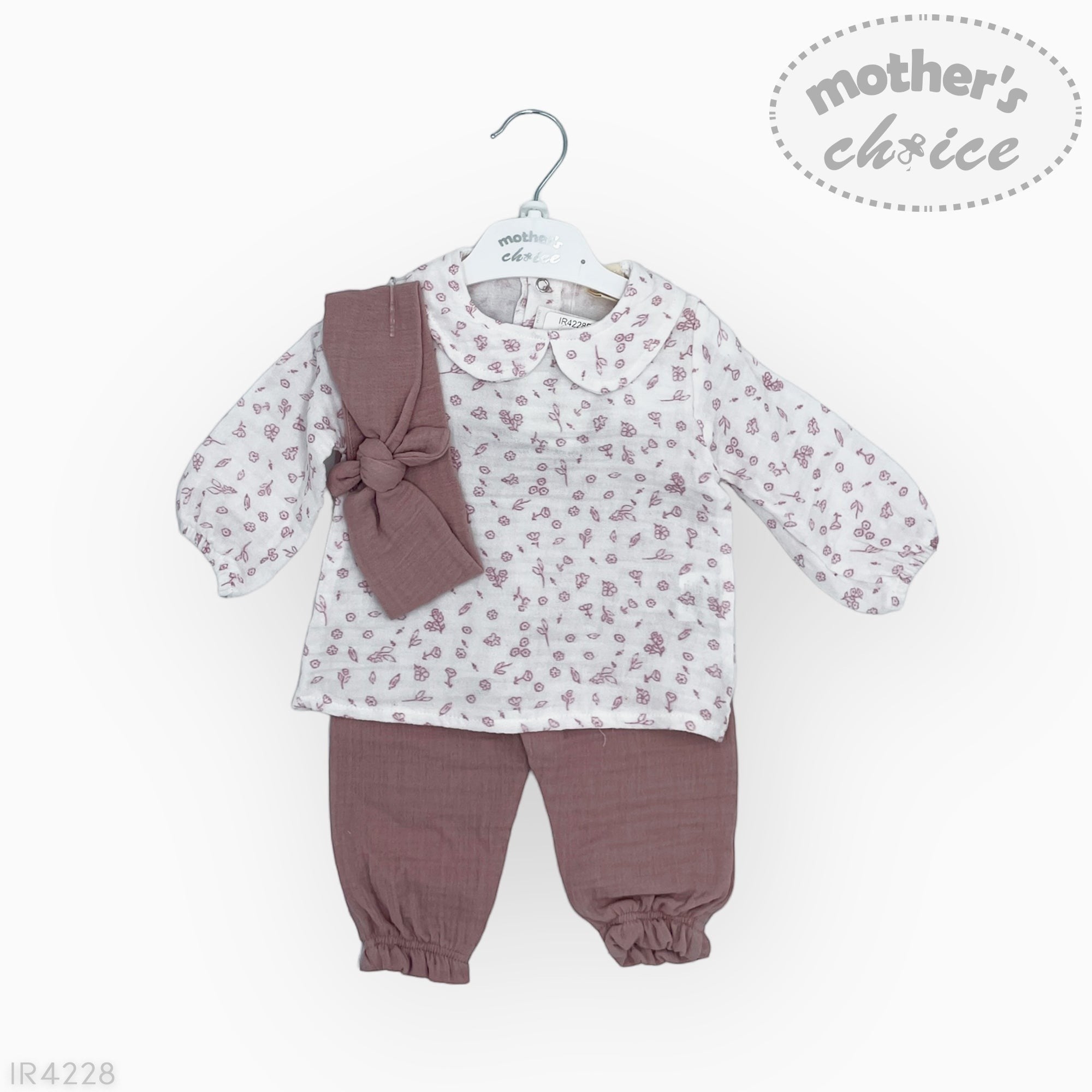 Baby outfit with floral top, bloomers, and headband on a hanger with 'mother's choice' branding.