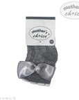 Gray baby sock with a bow and pearl detail on a white background, branded 'Mother's Choice'.