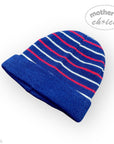 Blue knit beanie with red and white stripes on a white background, featuring 'mother's choice' branding.