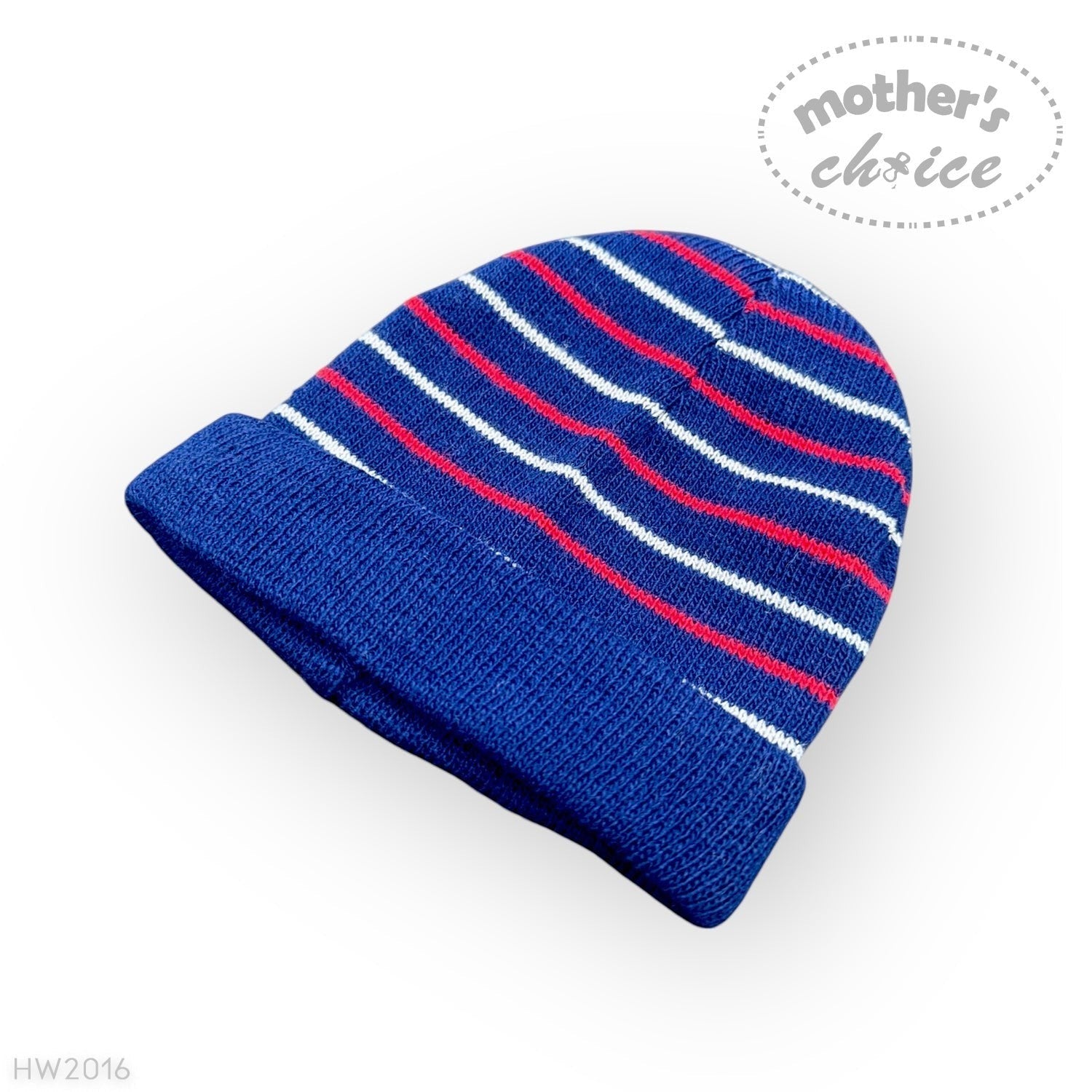 Blue knit beanie with red and white stripes on a white background, featuring 'mother's choice' branding.