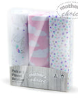 Pack of 3 flannel receiving blankets with 'Mother's Choice' branding on a white background