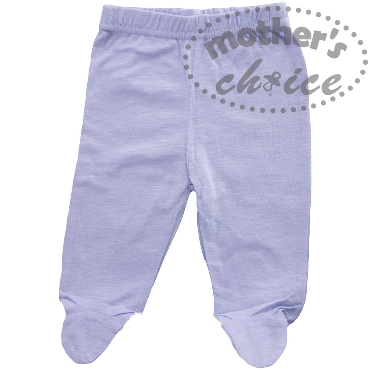 Purple baby pants with footies on a white background, featuring 'mother's choice' text.