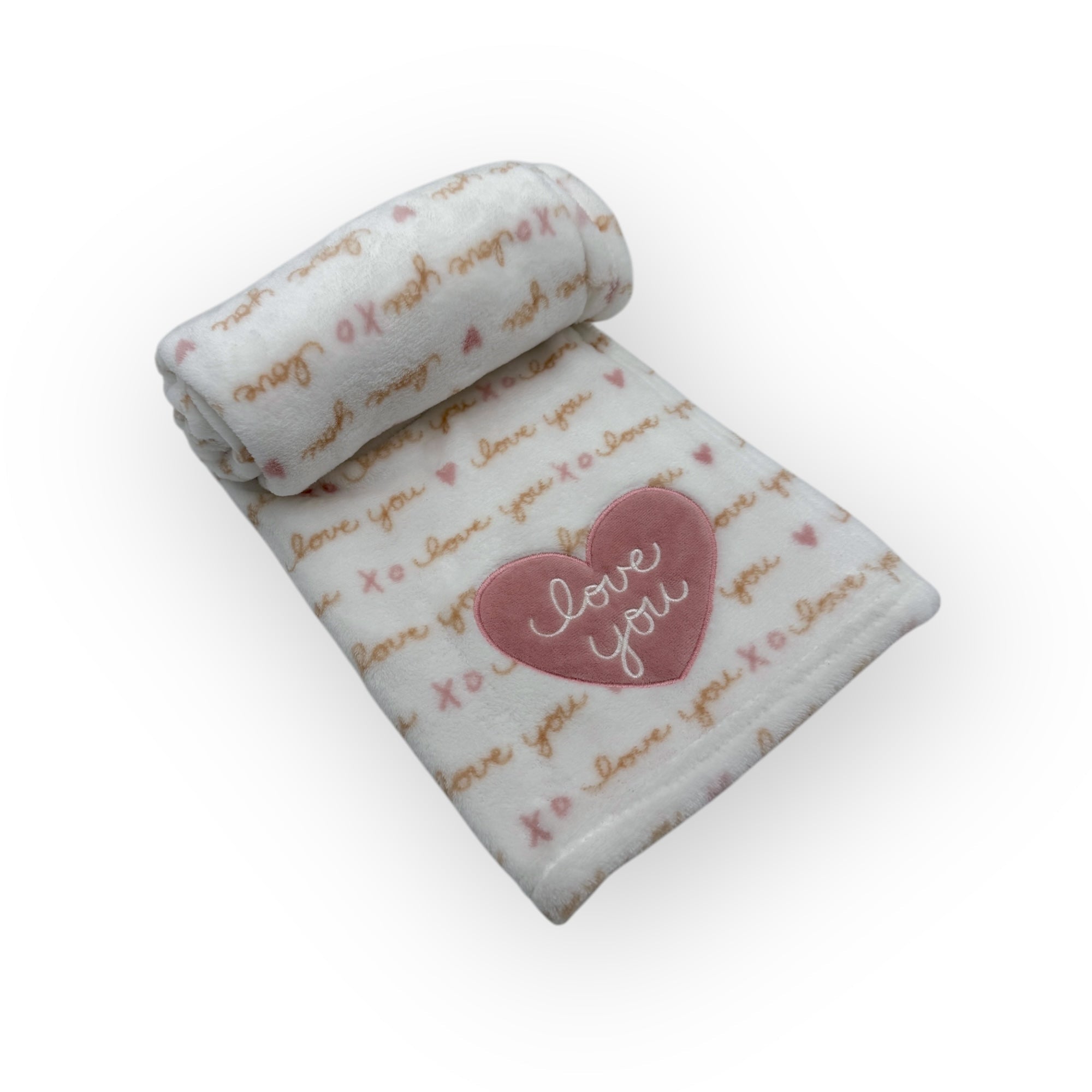 Folded baby blanket with 'love you' text and heart design on a white background