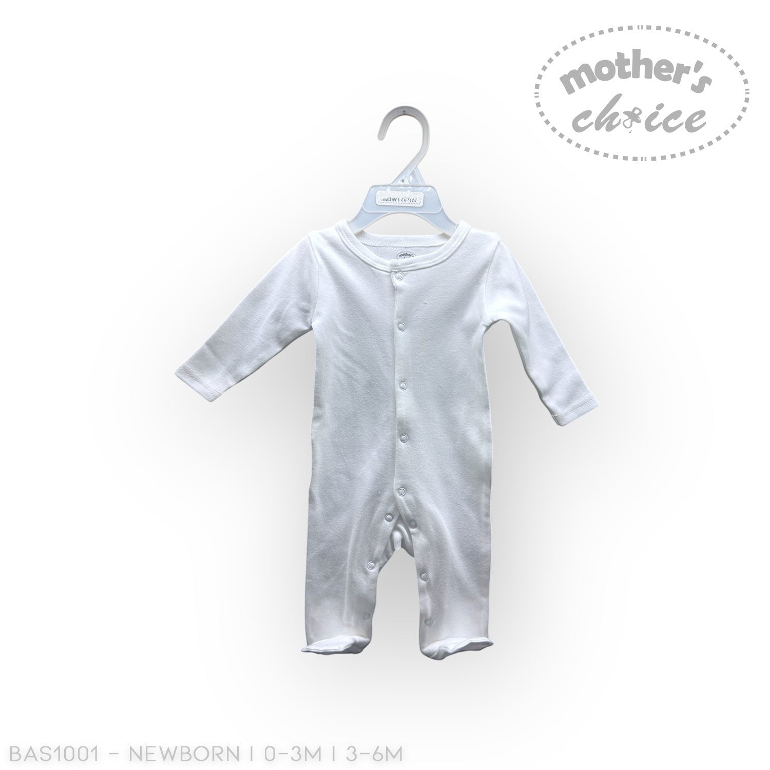 White baby onesie on a hanger with 'Mother's Choice' branding on a white background