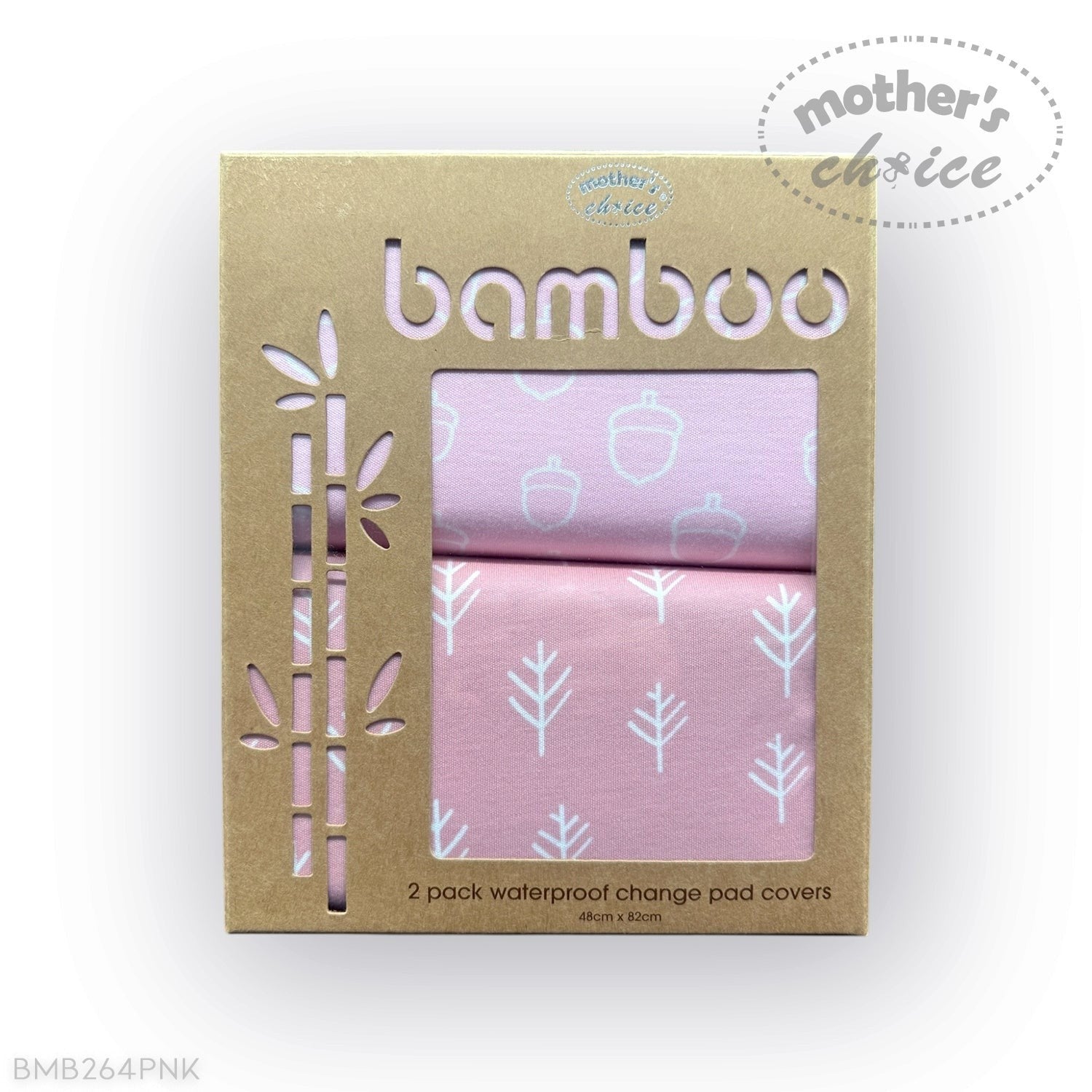 Packaging of bamboo waterproof change pad covers with pink designs on a white background.