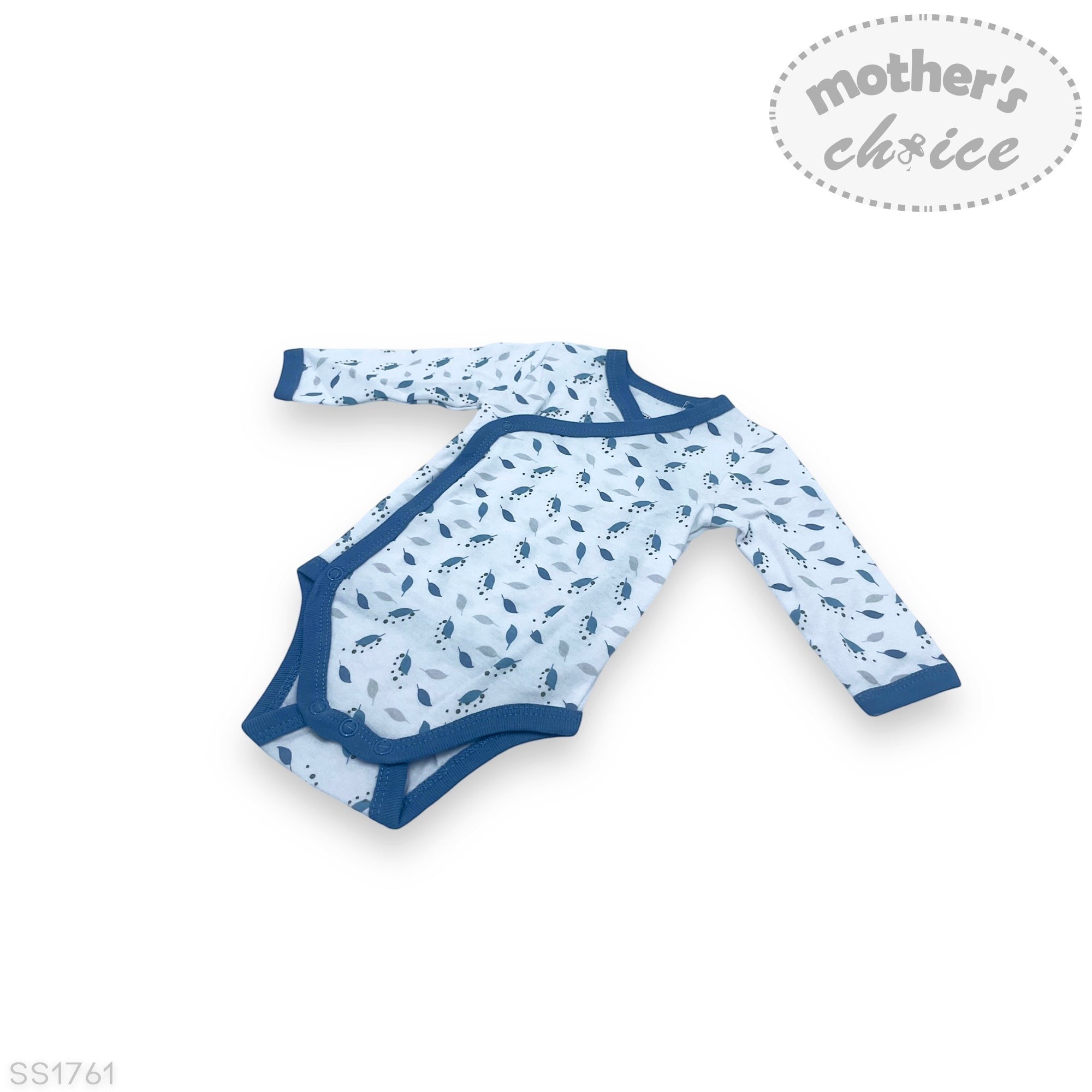 Baby bodysuit with blue whale pattern on a white background, featuring 'Mother's Choice' brand.