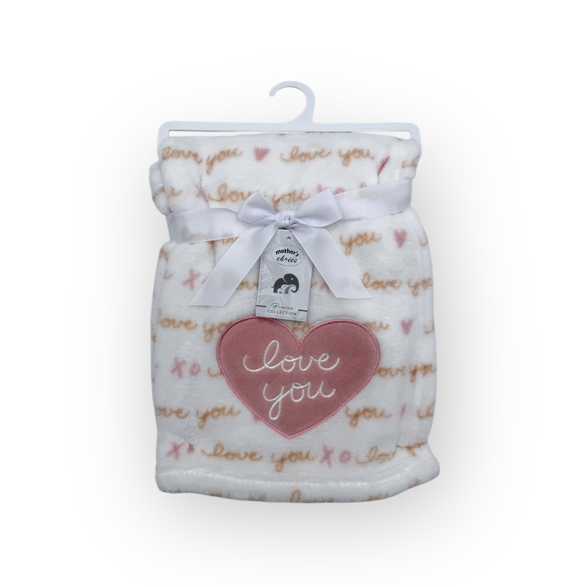 Baby blanket with 'love you' text and heart design on a white background